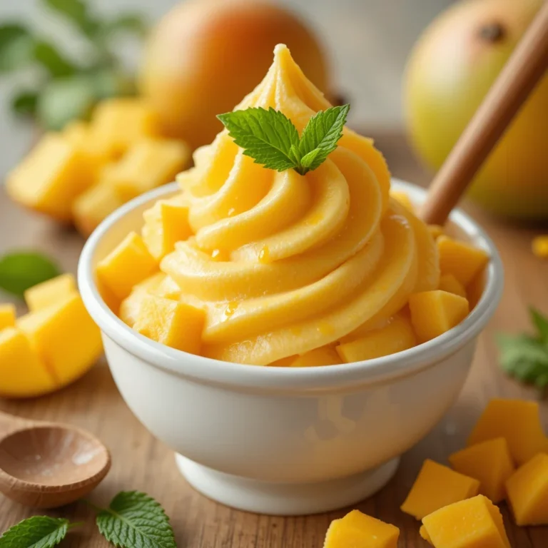 A creamy bowl of homemade Mango Frozen Yogurt, garnished with fresh mango chunks and mint