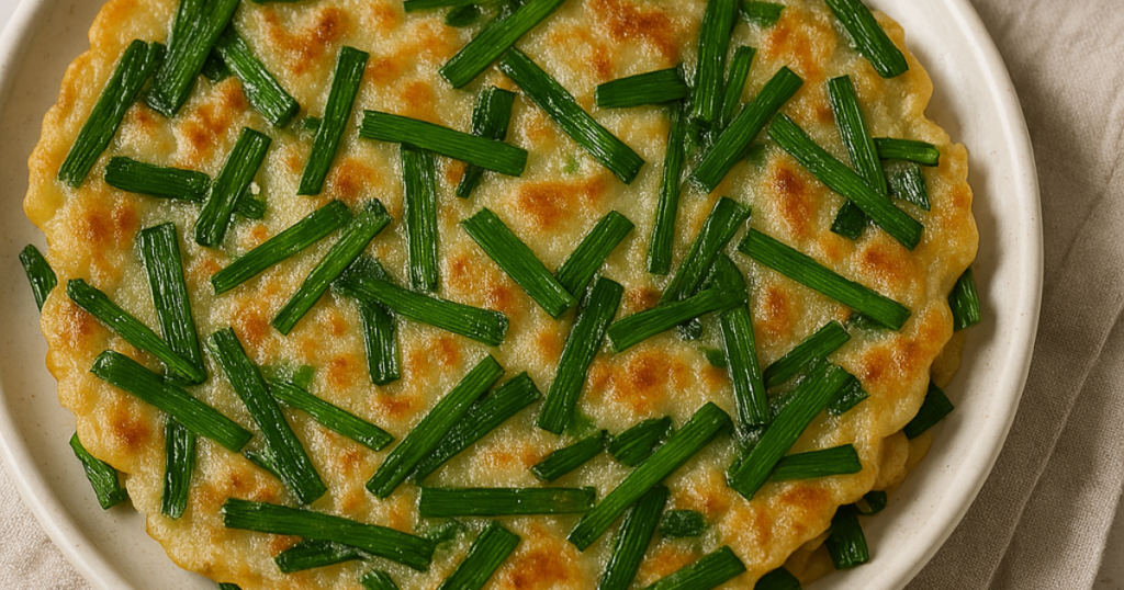 Crispy Buchujeon (Garlic Chive Pancakes) stacked on a plate, served with a soy-based dipping sauce.