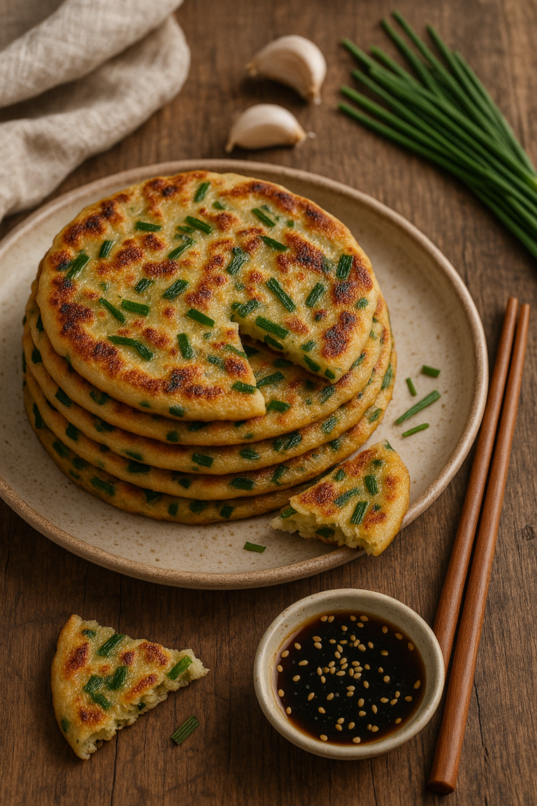 A stack of Korean garlic chive pancakes (buchujeon) served on a rustic plate with dipping sauce, fresh chives, and garlic on the side.