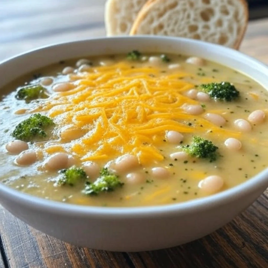 Creamy White Bean and Broccoli Soup with Cheddar Cheese in a white bowl, topped with melted cheddar and broccoli florets, served with crusty bread on a wooden table