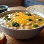 Creamy White Bean and Broccoli Soup with Cheddar Cheese in a white bowl, topped with melted cheddar and fresh broccoli florets, served with crusty bread on a wooden table