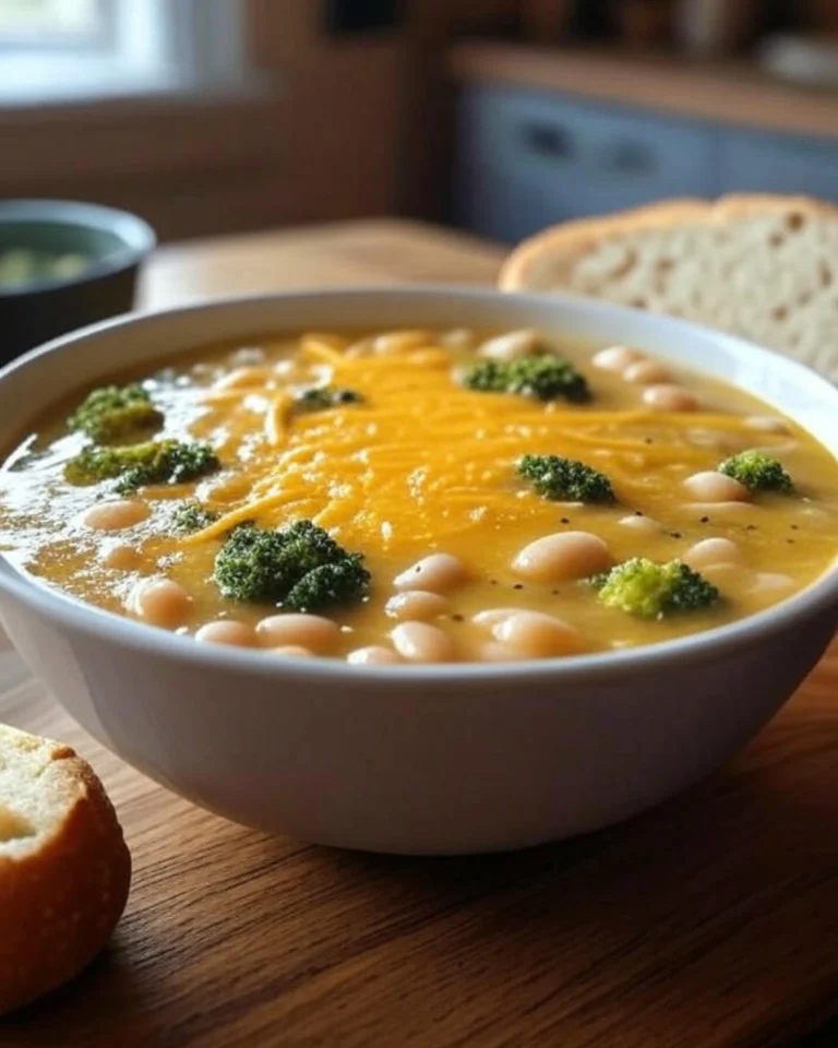 Creamy White Bean and Broccoli Soup with Cheddar Cheese in a white bowl, topped with melted cheddar and fresh broccoli florets, served with crusty bread on a wooden table